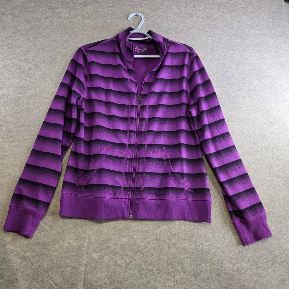Exertek Womens Large Purple Black Striped Full Zip Mock Neck Athletic Jacket